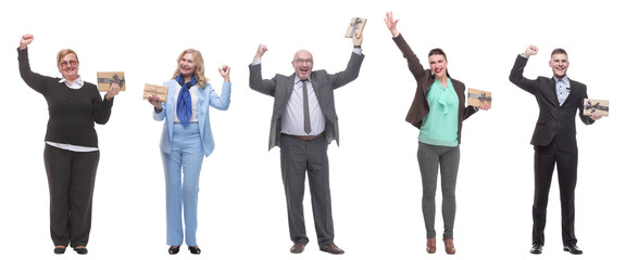 Obraz premium group of happy people with gifts in their hands isolated