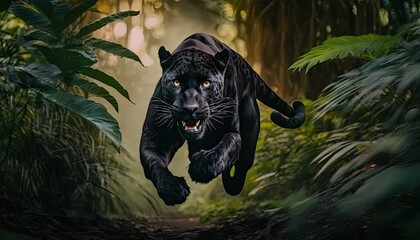 Angry panther in the jungle during a jump while hunting its prey. Generative AI - obrazy, fototapety, plakaty