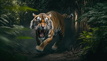 Angry tiger in the jungle in action while hunting its prey. Generative AI
