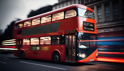 Fast moving london red bus driving through the city with motion blur. Generative AI