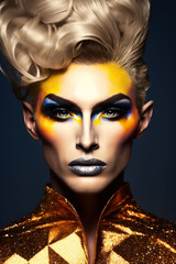 portrait of drag queen-style male transvestite with makeup in a woman's dress. Generative AI