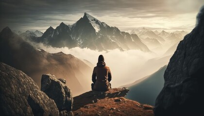 A woman sitting on the top of a mountain meditating in peace. Inner peace concept. Generative AI