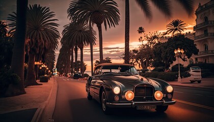 Fototapeta na wymiar French Riviera retro luxury car riding down the road. Generative AI