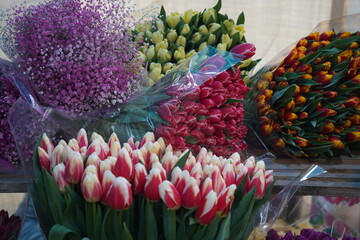 Almaty, Kazakhstan - 06.03.2023 : Different bouquets of flowers on sale before the holidays.