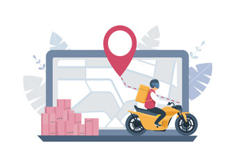 Delivery service concept. Computer, map, boxes and courier on a motorbike. Vector illustration. - obrazy, fototapety, plakaty
