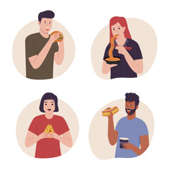 People eating fast food collection. Illustration for websites, landing pages, mobile apps, posters and banners. Trendy flat vector illustration