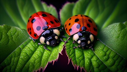 Plakat Ladybugs on a leaf. Generative AI