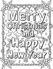 Merry Christmas and Happy New Year font with bell, Santa hat, socks and flower elements. Hand drawn with inspiration word. Doodles art for  Christmas or new year card. Coloring for adult and kids.
