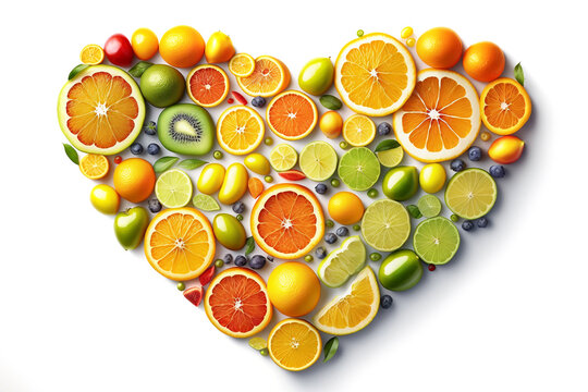 heart made from citrus fruit on white background. vegan concept. generated by AI