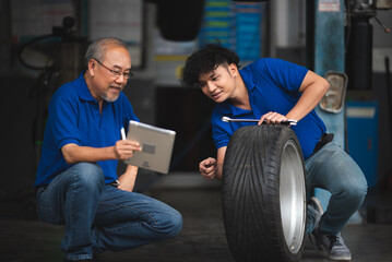 Vehicle automotive service guy worker doing check or mend car wheel, Asian mechanic repairman look under car condition to work in inspection workshop or maintenance to repair car engine in garage