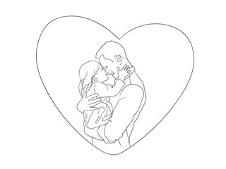 Happy Father's Day card. Continuous drawing in one line. Happy Father hold a child in hearts. Vector illustration