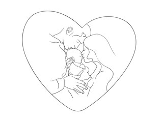 Happy Mother's Day card. Continuous drawing in one line. A woman and a man hold a child in their hearts. Vector illustration
