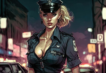sexy beautiful cop girl on street in cartoon comic style. Generative AI - obrazy, fototapety, plakaty