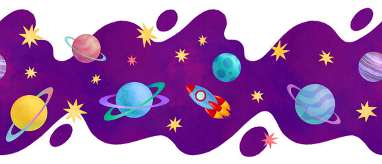 Cosmic wallpaper border. Seamless horizontal pattern. Planets, stars and rocket in the space. Cute childish illustration. Abstract wavy shape, isolated on white background. High resolution, 300 dpi © Alena Pershina