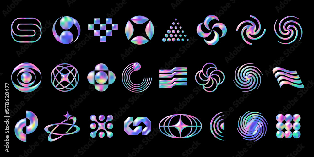 Poster collection of y2k elements for design in futuristic style. set of vector abstract geometric shapes w