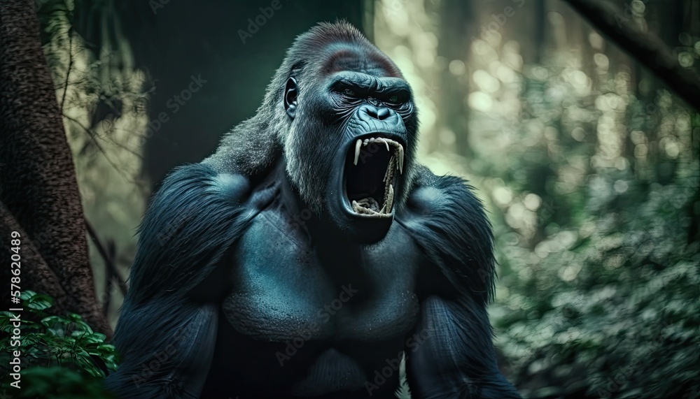 Canvas Prints screaming angry aggressive gorilla in a forest portrait. generative ai