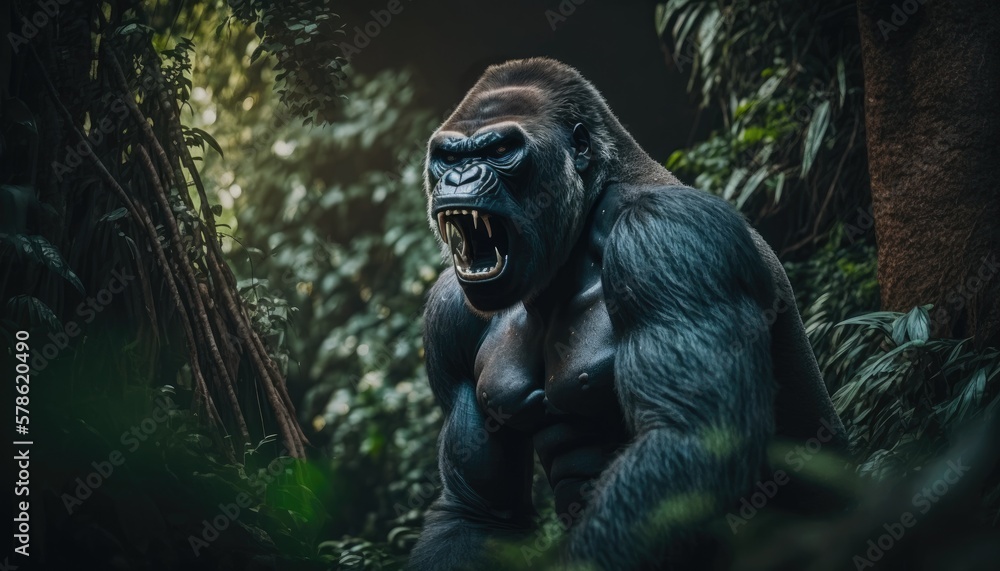 Wall mural screaming angry aggressive gorilla in a forest. generative ai