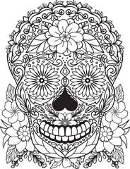 Sugar Skull flowers for Halloween or Day of the dead with flower elements. Hand drawn. Doodles art for greeting cards, invitation or poster. Coloring book for adult and kids.
