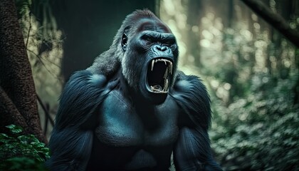 Fototapeta na wymiar Screaming angry aggressive gorilla in a forest portrait. Generative AI