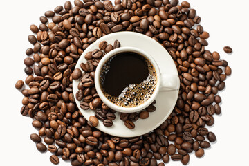White cup with freshly brewed coffee and roasted coffee beans around, top view, close up. White background. Breakfast. Good moon