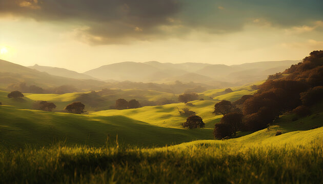 Beautiful green hills landscape image using generative ai