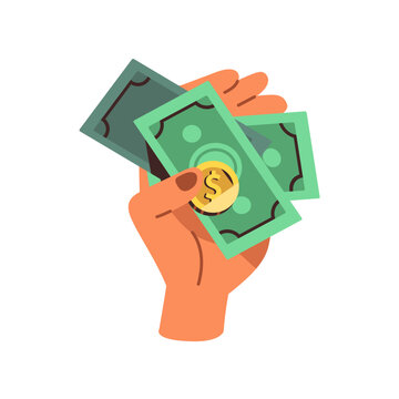 Hand holding cash, paying with money, finance. Currency, banknotes, dollar coin on palm. Financial concept, bank notes savings, wages, earnings. Flat vector illustration isolated on white background