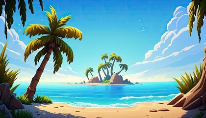 Tropical island cartoon illustration with ocean and palm trees. Generative AI