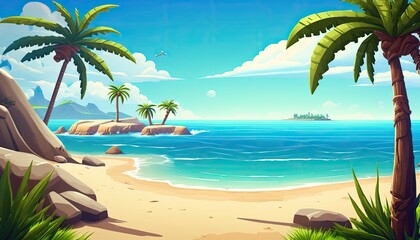 Fototapeta na wymiar Tropical island cartoon illustration with ocean and palm trees. Generative AI