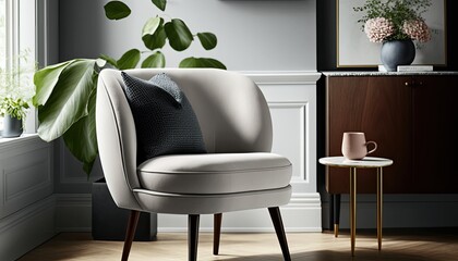 A fancy vintage chair in a modern living room. Interior design. Generative AI