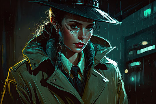 detective girl in a hat and raincoat on street at night in style of comic noir. Generative AI