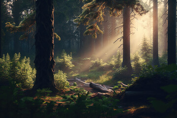 morning in the woods created with Generative AI technology