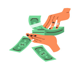 Spending, throwing, wasting money. Rich wealthy hands holding lot of stacked banknotes, dollars cash, squandering. Wealth and costs concept. Flat vector illustration isolated on white background