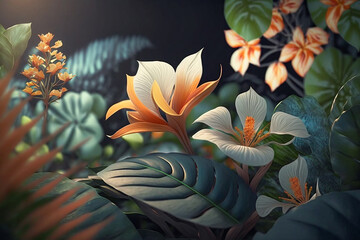 3d background with tropical flowers and leaves. Super photo realistic backdrop, generative ai