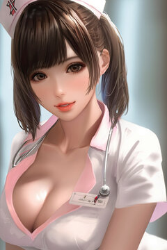 Sexy Nurse Doctor With Big Breasts In Anime Style In Clinic. Generative AI