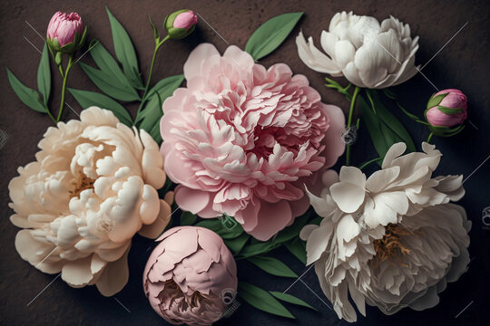 3d botanical backgrond with flowers peonys, super photo realistic, generative ai