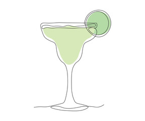 Margarita cocktail, tequila with liqueur and lime juice and lime slice Continuous One Line Drawing