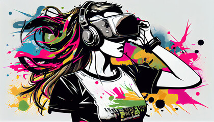 Women Wearing a Virtual Reality Headset Watercolor Design AI Generative