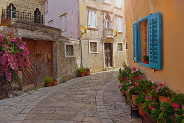 Streets of Porec with calm, colorful building facades in  Croatia, Istria. Traveling concept background - 578621897