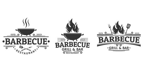 BBQ icon or label set. Barbeque logo. Grill bar, restaurant, steak house vintage badge design with fire flame, grill fork and spatula. Vector illustration.