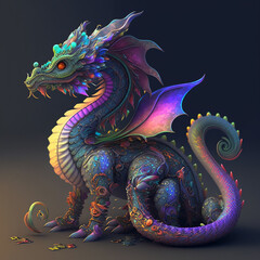 Colorful, cute, magic fantasy, kawai dragon illustration