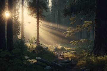 Obraz premium morning in the woods created with Generative AI technology