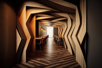 Beautiful design of a restaurant hallway with wooden material, AI generated