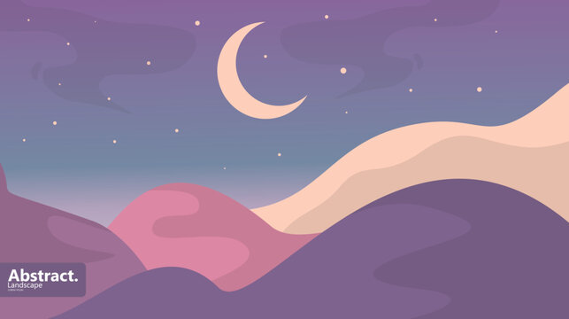 Purple desert landscape with a moon and stars. vector illustration
