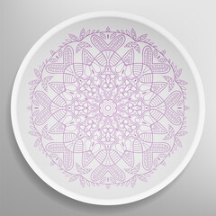 Decorative plate with round ornament in ethnic style. Mandala circular abstract geometric floral pattern. Fashion background with ornate dish. Interior home decor, vector illustration