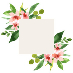 Watercolor floral frame. Vibrant spring flowers and leaves. Place for your text. Perfect for wedding and greeting cards, stationery and more.