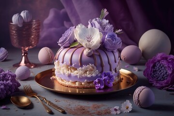 Obraz na płótnie Canvas Beautiful purple cake decoraited of fresh flowers, macaroons and meringue. Love concept, Wedding cake, birthday cake, background, AI generated