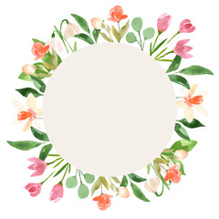 Watercolor floral frame. Vibrant spring flowers and leaves. Place for your text. Perfect for wedding and greeting cards, stationery and more.