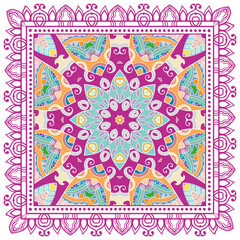 Decorative doodle ornament, symmetric pattern with lace frame. Tribal ethnic mandala decor. Bandana shawl, hijab, tablecloth fabric print, silk neck scarf, kerchief design. Colorful vector background