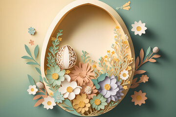 Easter background with egg decorated with spring flowers on a light green background. Paper cut art with space for text. Generative AI