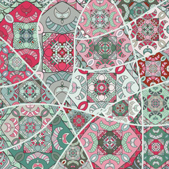 Vector patchwork quilt pattern. Vintage decorative collage. Hand drawn background. Indian, Arabic, Turkish motifs for printing on fabric or paper. Abstract colorful doodle pattern in mosaic style